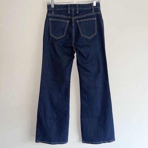 London Wide Leg Jeans 2 Boho Flare Leg Mid Rise Dark Blue Wash Denim Stretch - Picture 1 of 9